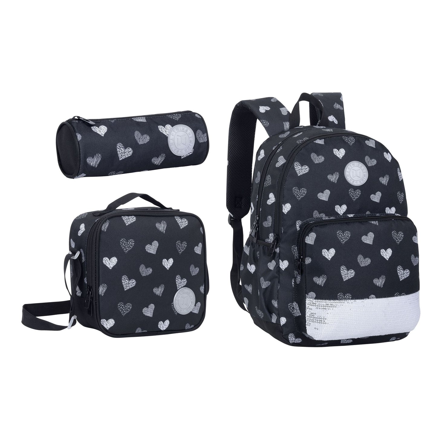 17INCH BACKPACK+LUNCH BAG+PENCIL CASE HEARTS BLACK TWINS || شنطة ظهر طبي 17 انش قلوب 3 قطع TWINS
