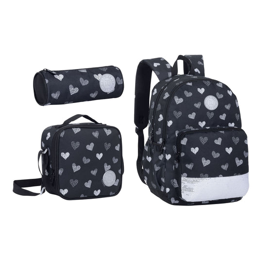 17INCH BACKPACK+LUNCH BAG+PENCIL CASE HEARTS BLACK TWINS || شنطة ظهر طبي 17 انش قلوب 3 قطع TWINS