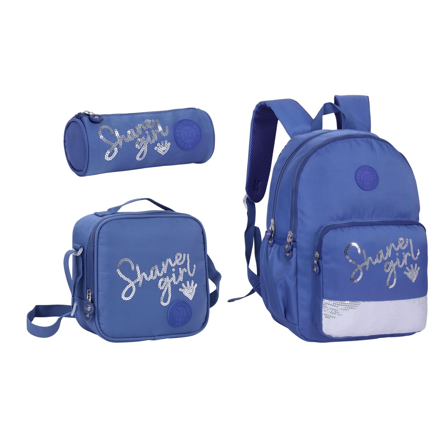 17INCH BACKPACK+LUNCH BAG+PENCIL CASE WRITTING DARK BLUE TWINS || شنطة ظهر طبي 17 انش عبارات 3 قطع TWINS