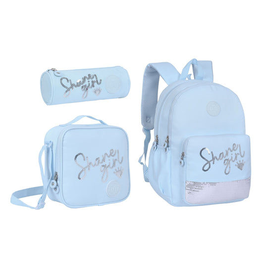 17INCH BACKPACK+LUNCH BAG+PENCIL CASE WRITTING LIGHT BLUE TWINS || شنطة ظهر طبي 17 انش عبارات 3 قطع TWINS