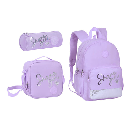 17INCH BACKPACK+LUNCH BAG+PENCIL CASE WRITTING PINK TWINS || شنطة ظهر طبي 17 انش عبارات 3 قطع TWINS