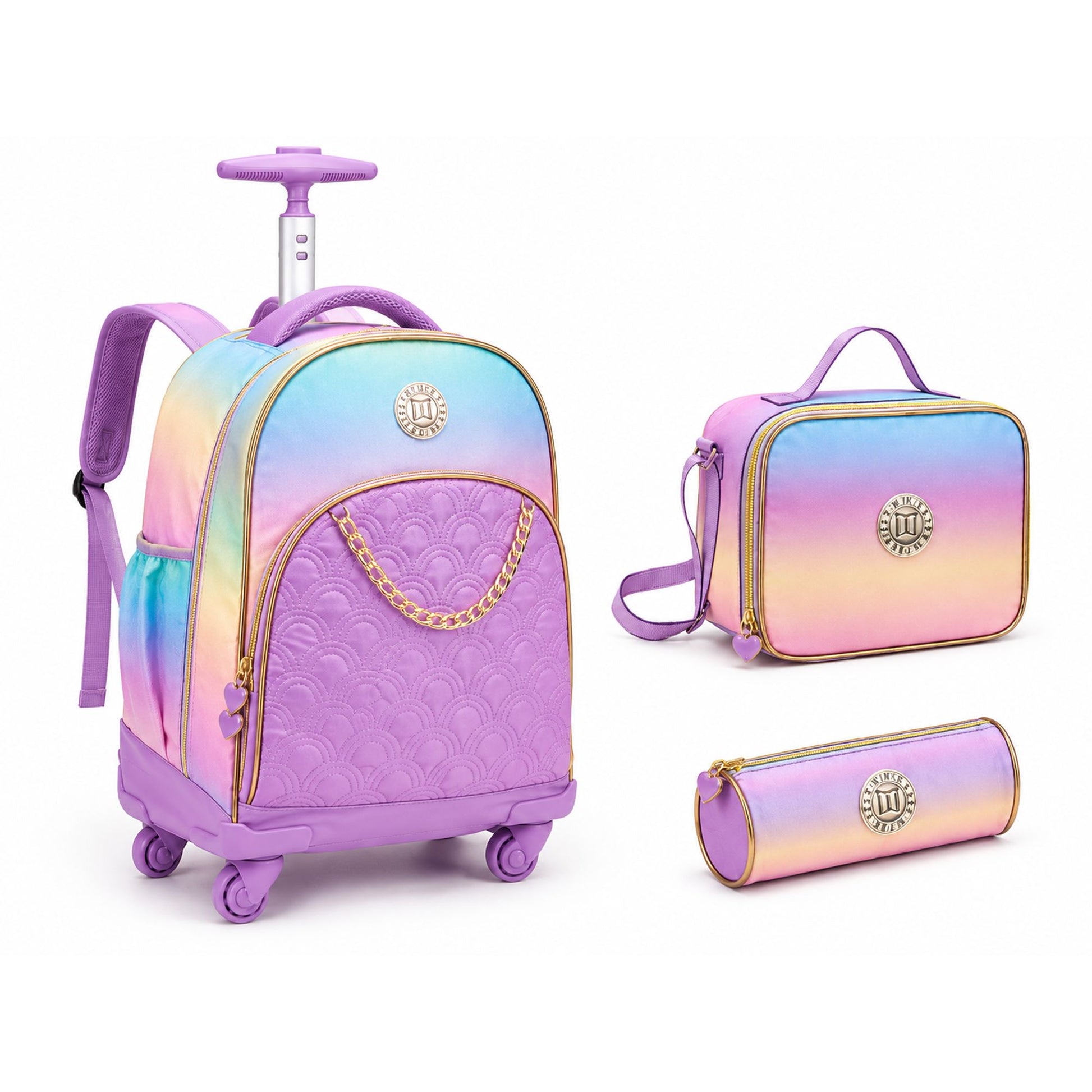 Twins Back To School Set 3 Pcs Trolley Backpack + Lunch bag + Pencil Pouch Purple  || مجموعة العودة للمدرسة 3 قطع جنطة سحب 4 تواير و جنطة اكل و مقلمة بنفسجي