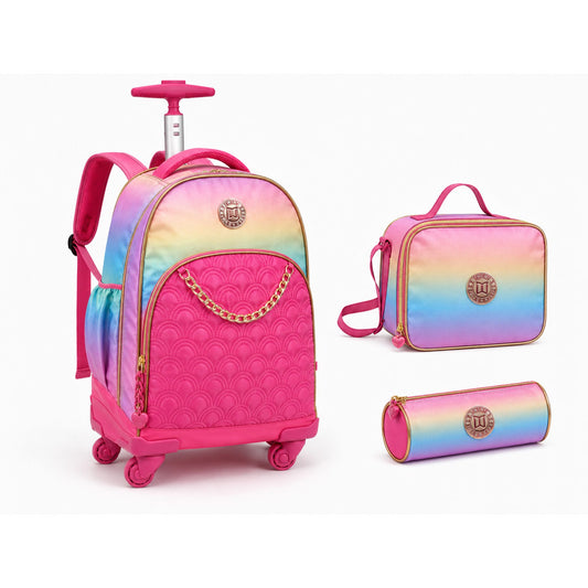 Twins Back To School Set 3 Pcs Trolley Backpack + Lunch bag + Pencil Pouch Pink || مجموعة العودة للمدرسة 3 قطع جنطة سحب 4 تواير و جنطة اكل و مقلمة وردي