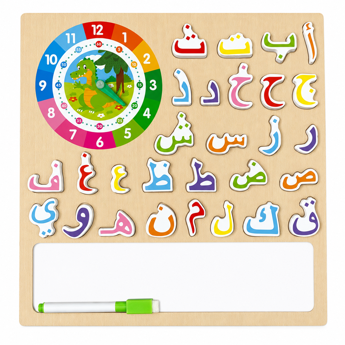Wooden Arabic alphabet clock and whiteboard puzzle clean ecommerce image