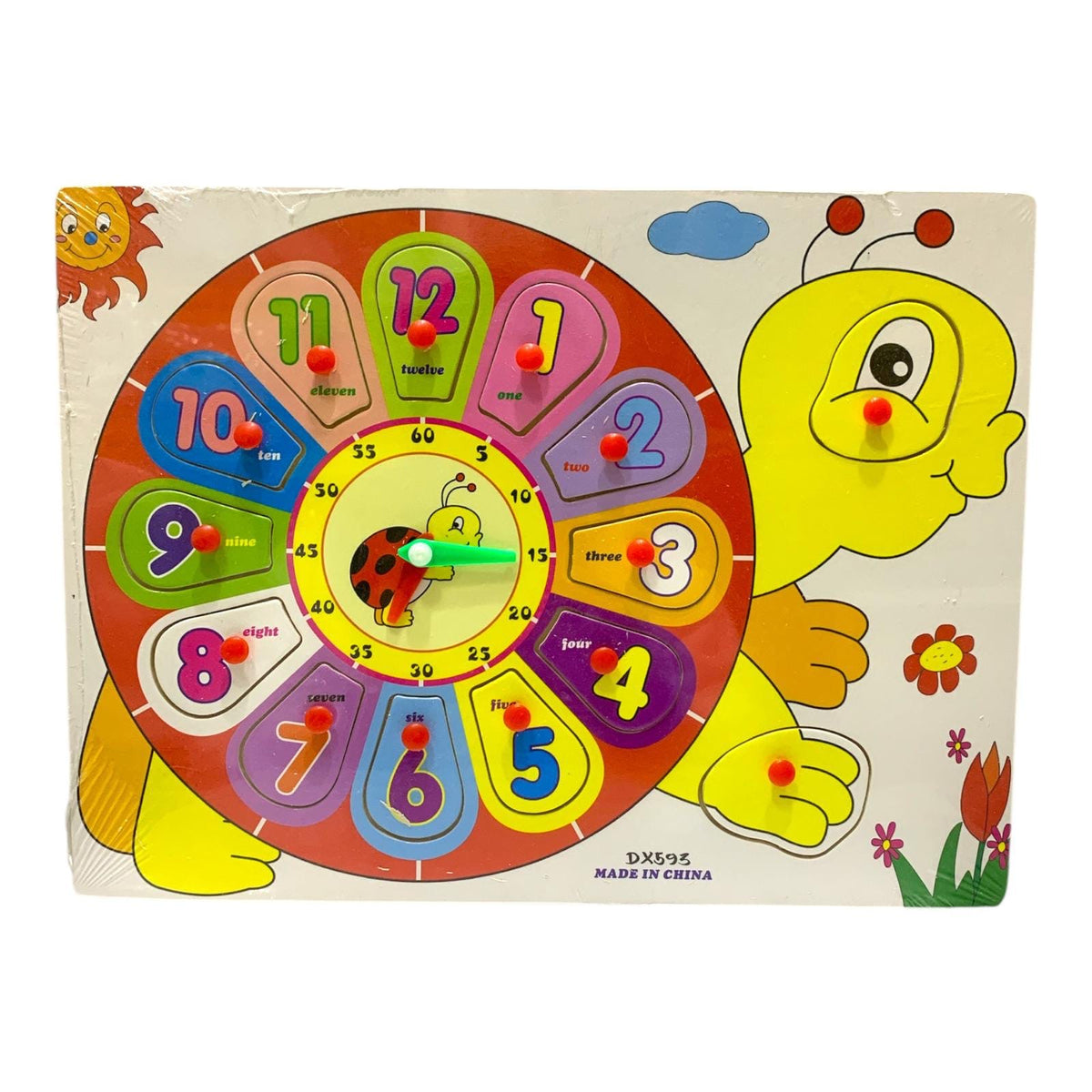 Wooden bee and ladybug learning clock puzzle with 12 removable numbers