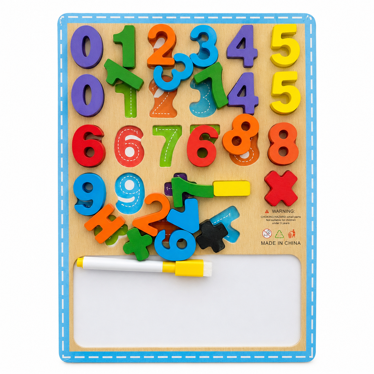 Wooden numbers and math whiteboard puzzle clean ecommerce image