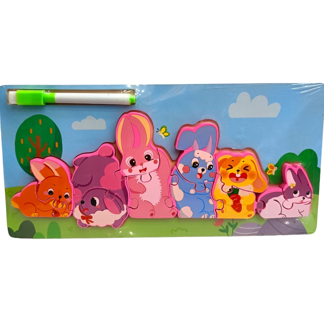 Rabbit Family Wooden Puzzle 7 Pieces with Marker