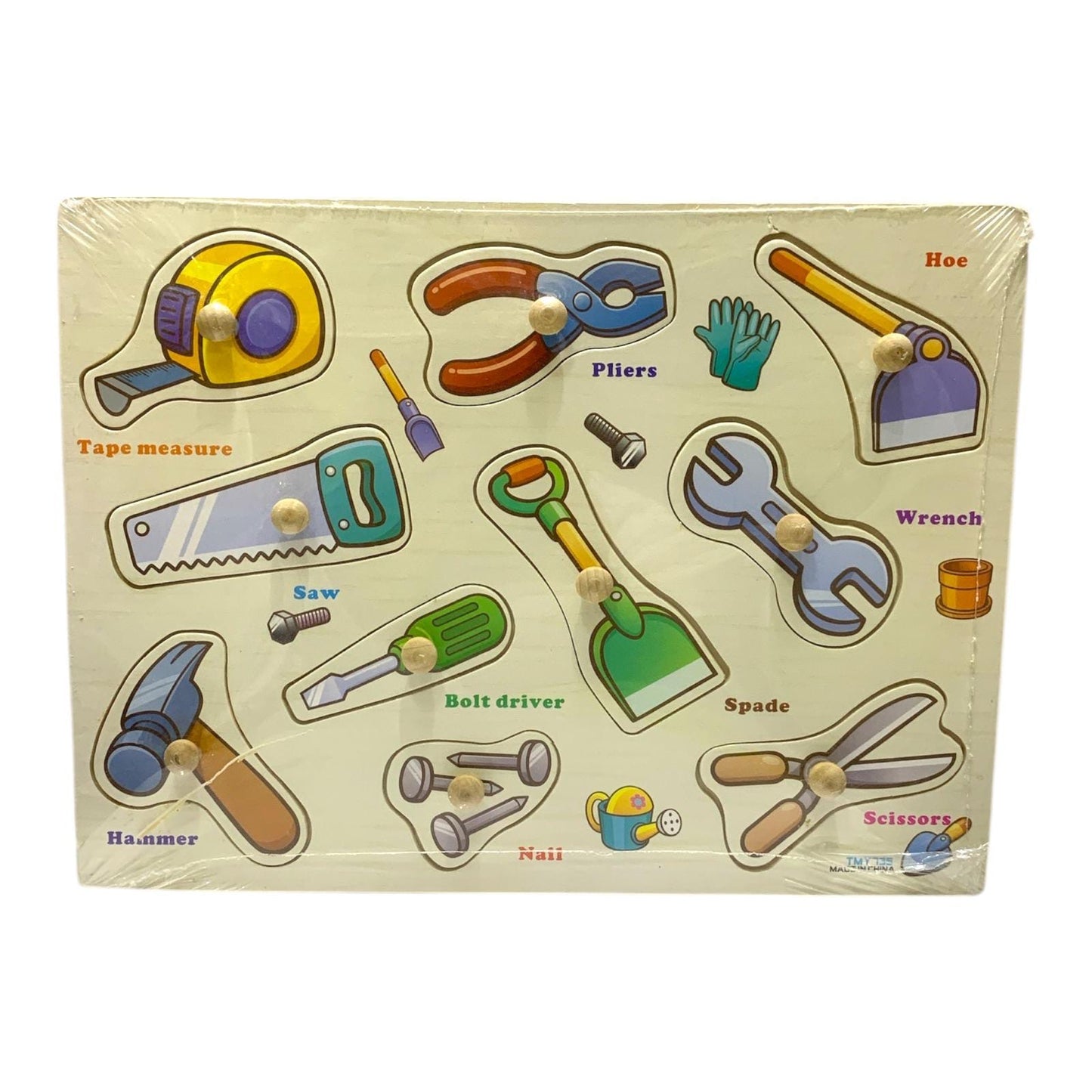 Wooden tools puzzle with 10 removable pieces design 2
