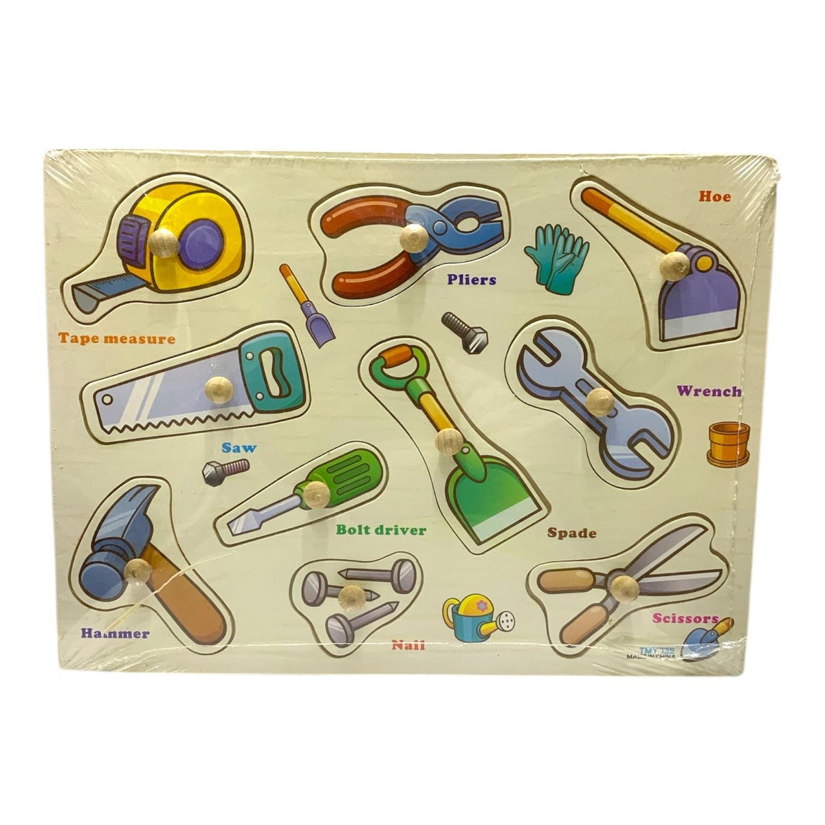Wooden tools puzzle with 10 removable pieces design 2