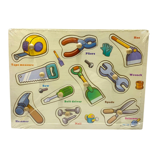 Wooden tools puzzle with 10 removable pieces design 2