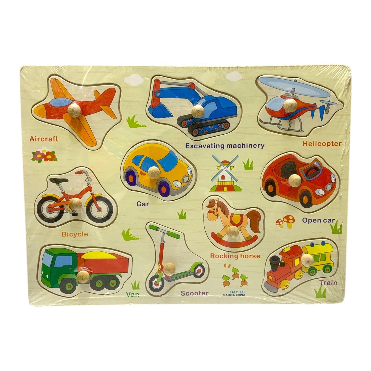 Wooden transport objects puzzle with 10 removable pieces