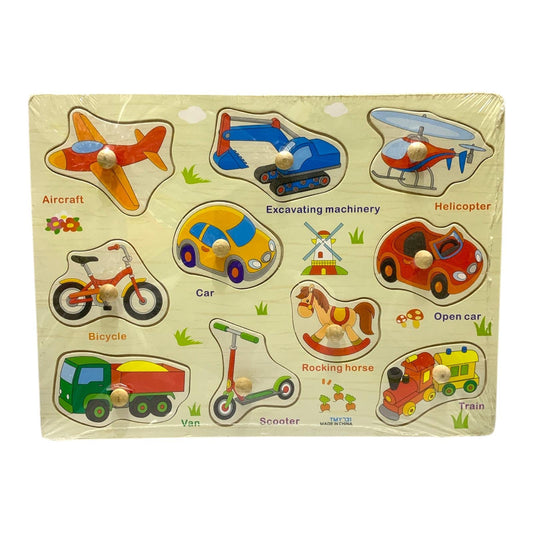 Wooden transport objects puzzle with 10 removable pieces