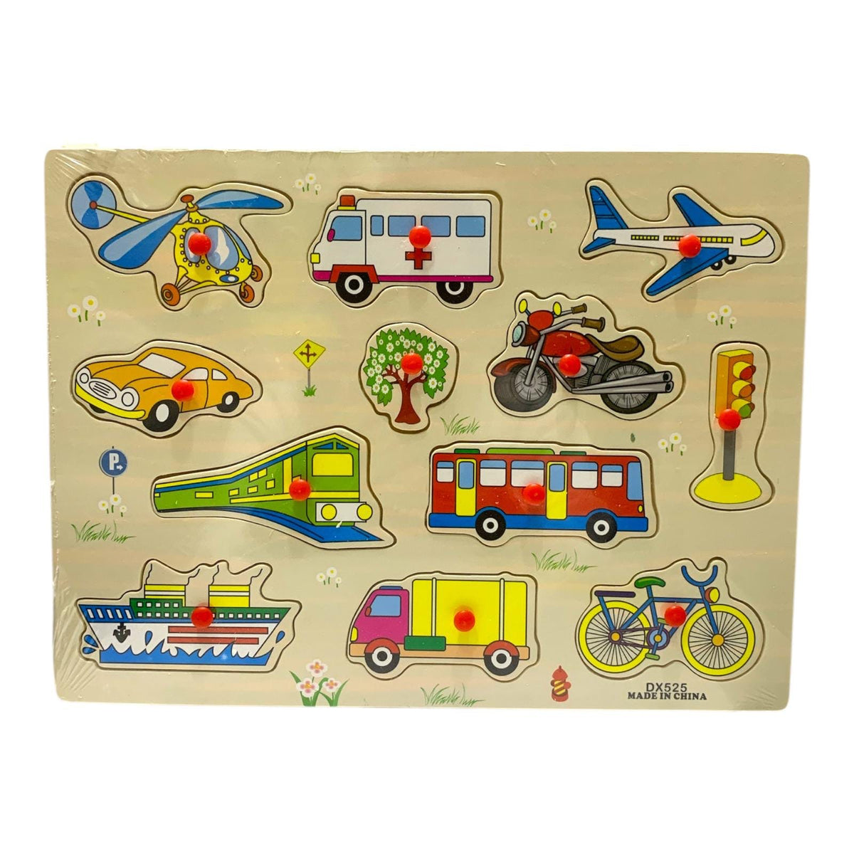 Wooden transportation puzzle with 12 removable vehicle and traffic pieces