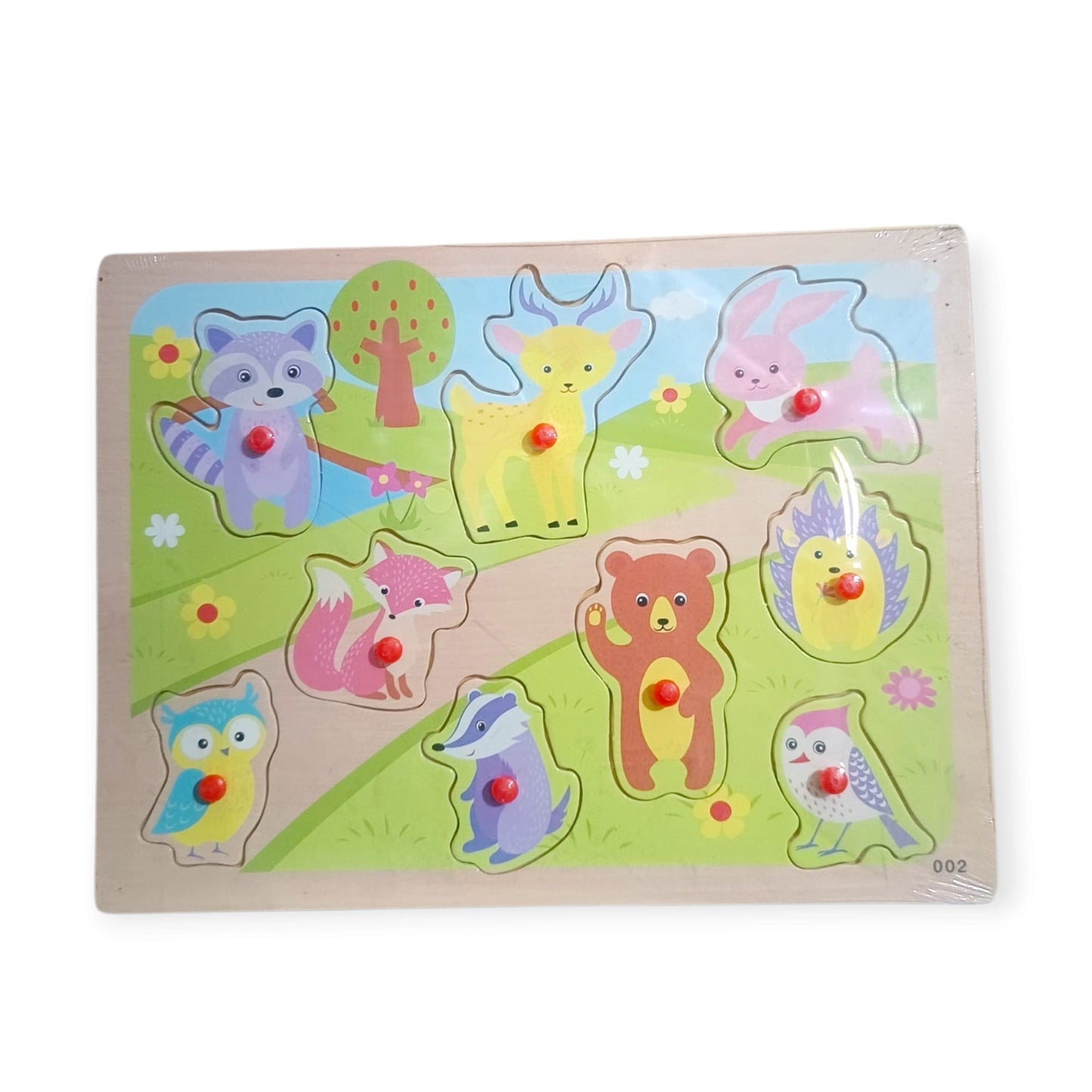 Wooden woodland animals peg puzzle with 9 removable pieces