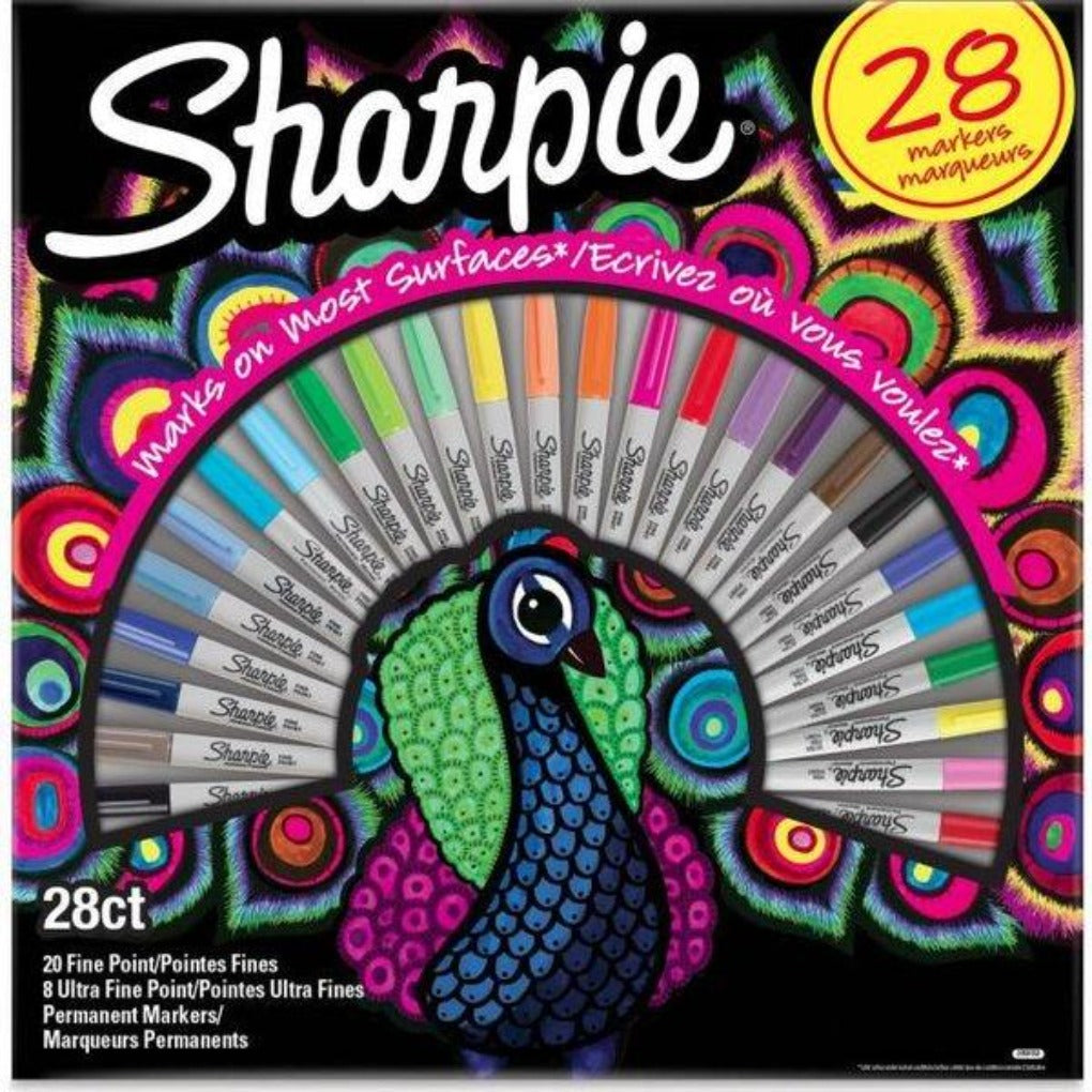 Sharpie Fine Permanent Marker 28 Box || الوان شاربي ماركر 28 لون علبة شكل طاووس