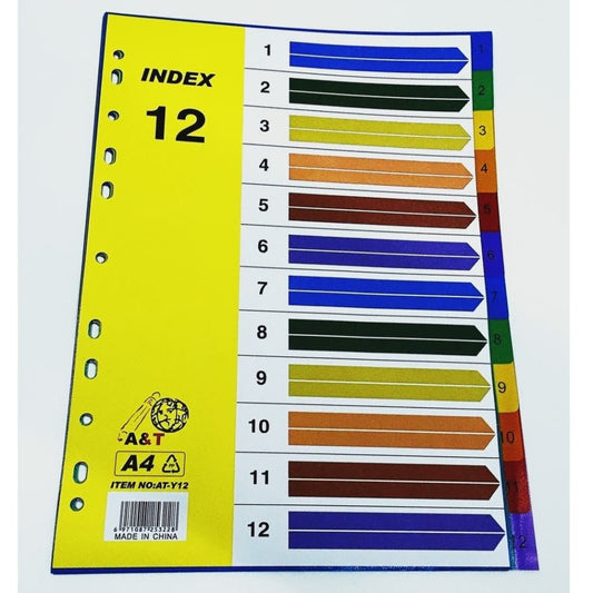 A&T A4 File Dividers 1-12 Colored || A4 فواصل ملونه 1 -12 حجم