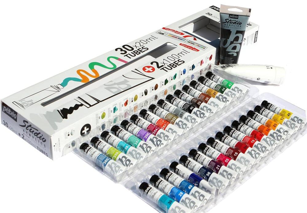 Pebeo Studio Acrylic 30 x 20ml & 2 x 100ml Fold Out Paint Set || الوان اكريلك بيبيو 30 لون 20 مل +  2لون ابيض واسود 100 مل