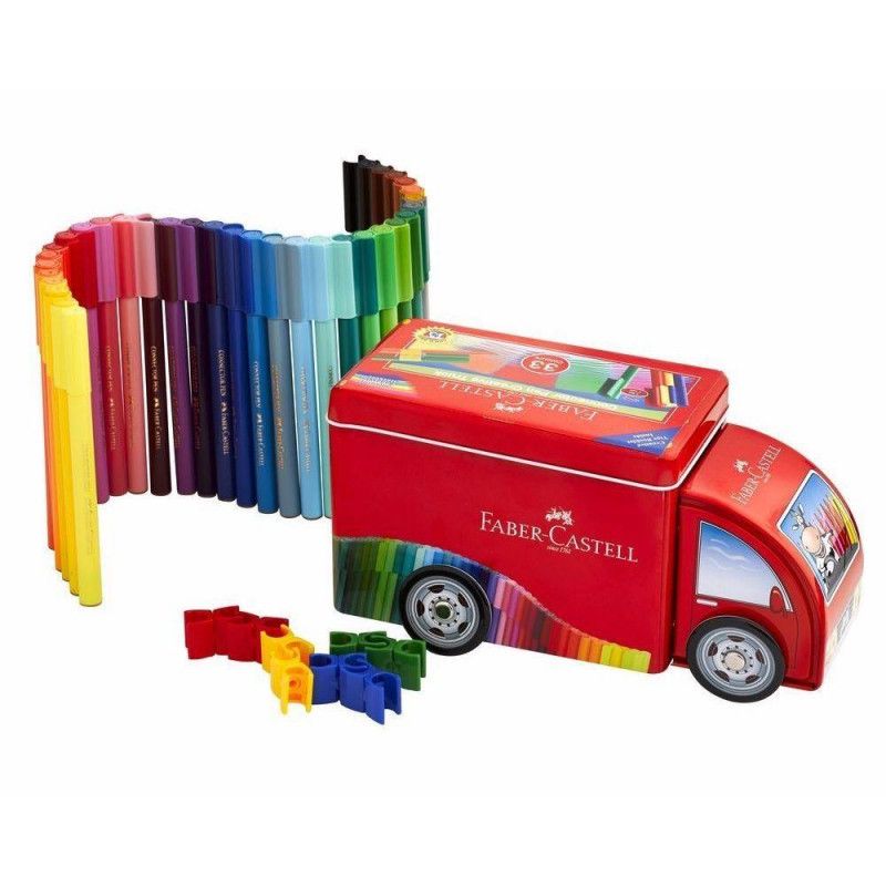 Faber Castell Truck Connector Pens 33 Pack || الوان كونكتر فيبر كاستل علبه حديد شكل عربه