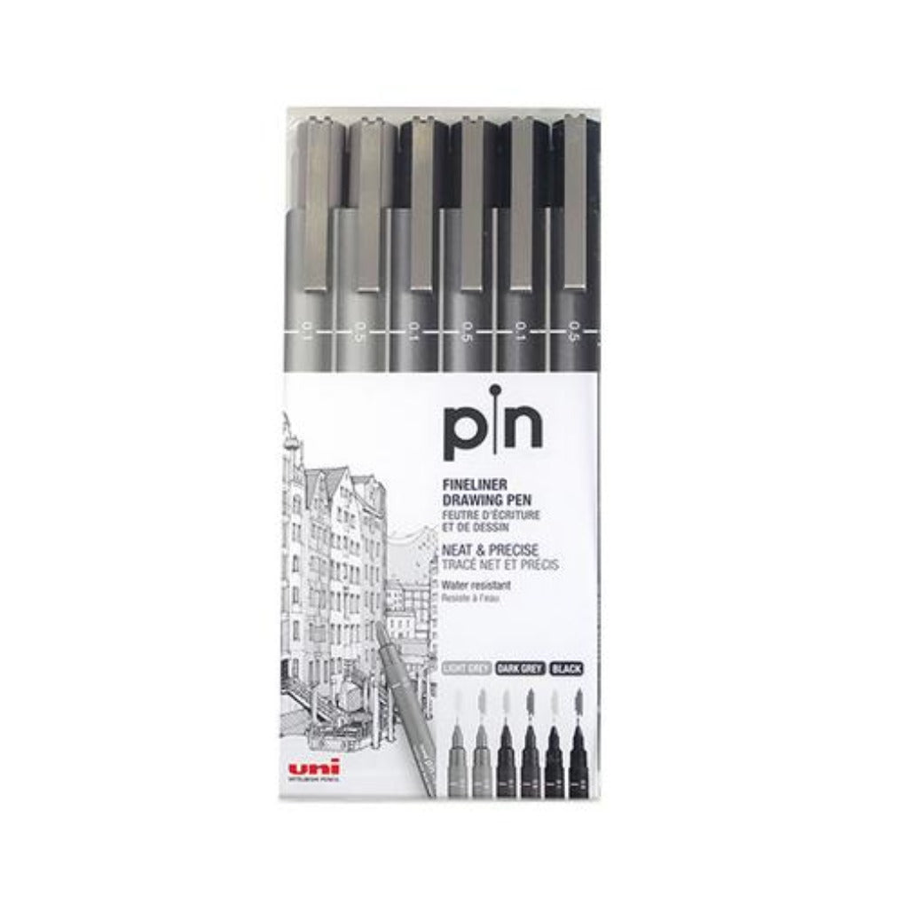 Uni Pen Fine Liner Shades of Grey set of 6 Pens || مجموعه اقلا ضعيفه يونيبول درجات الاسود والرمادي  6 اقلام