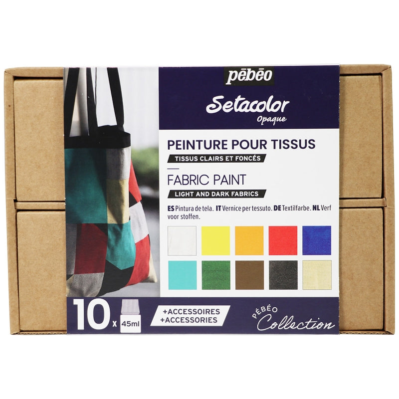 Pebeo Opaque light and Dark Fabric Paint Box 10 Colors || الوان قماش بيبيو معتمه وفاتحه 10 لون مع ادوات