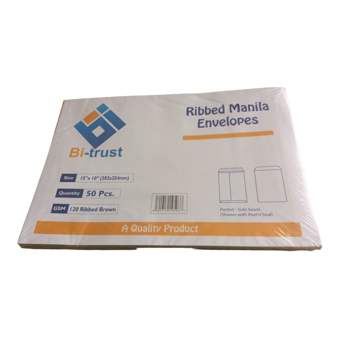 Bi Trust Plain Ribbed Manilla Envelopes Brown Color 15*10” 50 pc Pack || اظرف سادة لون بني مقاس ١٠*١٥ انش باكيت ٥٠ حبة⁩⁩