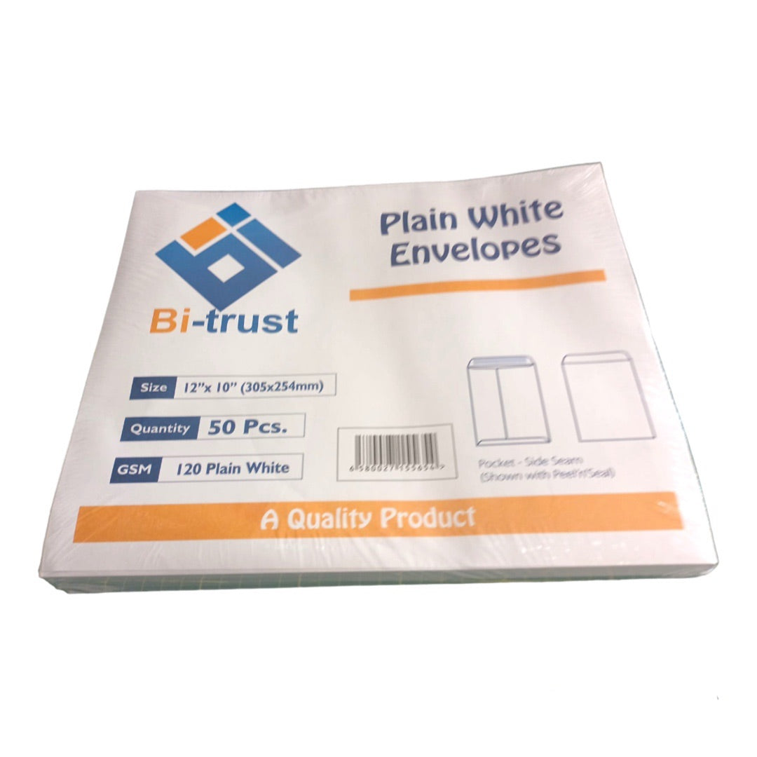 Bi Trust Plain White Envelopes 12*10” 50 pc Pack || اظرف سادة لون ابيض مقاس ١٢*١٠ انش باكيت ٥٠ حبة⁩