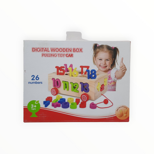 Digital Wooden Box Pulling Toy Car 26 Numbers || بازل خشب بعجلات متحركة ارقام انجليزي ٢٦ قطعة 